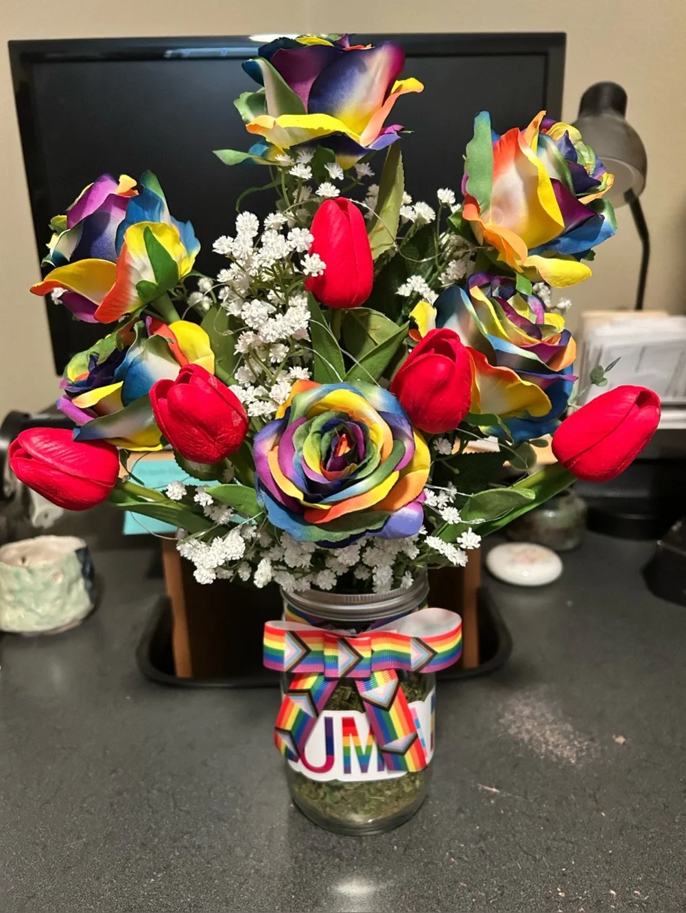LARGE PRIDE/ALLY FAUX FLORAL ARRANGEMENT W/ 21’ OF FAIRY LIGHTS/HANDMADE/NWT
